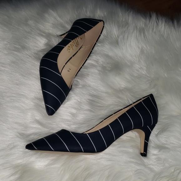 navy and white kitten heel shoes